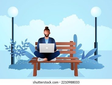 Young man sitting on wooden bench in the park while working with laptop, vector illustration