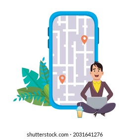 Young man sitting outdoor or checking routes and location. Using computer and mobile application with map .