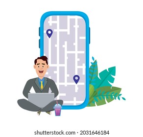 Young man sitting outdoor and checking routes and location.  Using mobile and computer application with map . 