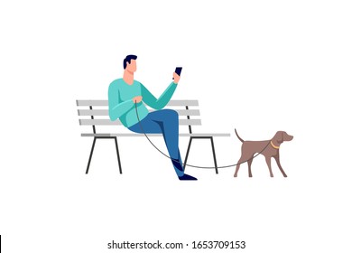 Young man sitting in the park on the bench with a dog. Vector illustration.