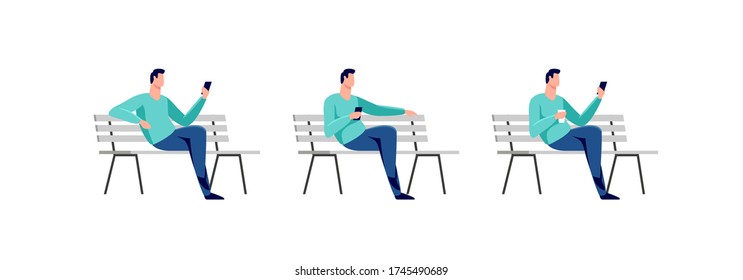 Young man sitting in the park on the bench. Rest and outdoor quiet time. Vector illustration.