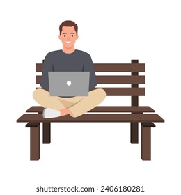 Young man sitting in the park on the bench and working with laptop. Flat vector illustration isolated on white background