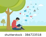 Young man sitting in the park under a tree and working with laptop. Flat modern illustration of social networking, searching and sending email and texting to friends