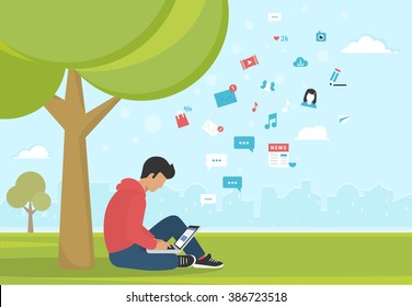 Young man sitting in the park under a tree and working with laptop. Flat modern illustration of social networking, searching and sending email and texting to friends