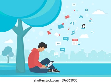 Young man sitting in the park under a tree and working with laptop. Flat modern illustration of social networking, searching and sending email and texting to friends