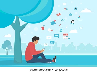 Young man sitting in the park under a tree and texting messages using smartphone. Flat modern illustration of social networking, searching and sending email and texting to friends