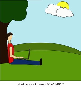 Young man sitting in the park under a tree and working with laptop. Flat modern illustration of social networking, searching and sending email