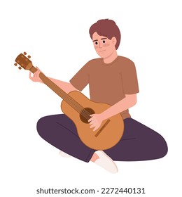 Young man sitting and playing guitar semi flat color vector character. Editable figure. Full body person on white. Simple cartoon style spot illustration for web graphic design and animation