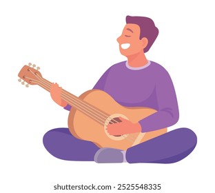 Young Man Sitting and Playing Guitar Vector Illustration
