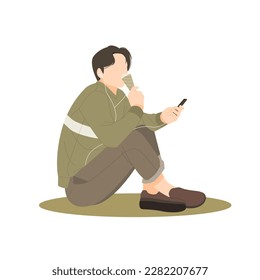 young man sitting, playing mobile phone ans eating ice cream isolated illustration