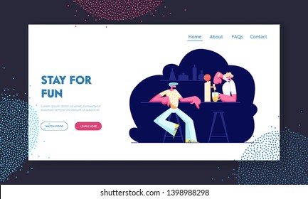 Young Man Sitting in Pub Ordering Alcohol Drink. Barista Pour Beer to Glass. Nightlife Sparetime, Leisure in Night Bar, Weekend Website Landing Page, Web Page. Cartoon Flat Vector Illustration, Banner