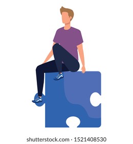 young man sitting in puzzle piece vector illustration design
