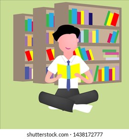 Young man sitting read his favorite book . Education and school, study and literature. Flat young man sitting in the library and reading a book. Vector illustration.