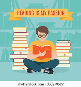 Young man sitting read his favorite book . Education and school, study and literature. Flat young man sitting in the library and reading a book. Vector illustration. 