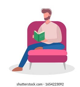 Young man sitting and reading book concept. The person read in library. Guy study. Isolated vector illustration