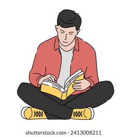 Young man sitting and reading a book. Study and education concept. Hand drawn vector illustration