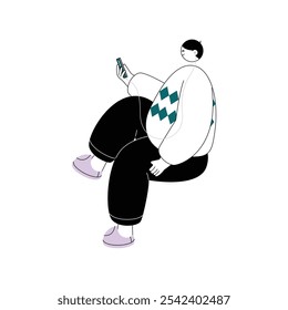 Young man sitting relaxed, listening to music using his mobile phone, seen from the earphones plugged in his ears, wearing sweater, trousers and shoes, vector illustration of people's activity.