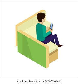 Young man sitting relaxed on sofa with smartphone, waiting for someone. Man doing online shopping. Man make purchases through the internet sitting on the couch. Isometric vector illustration in flat.