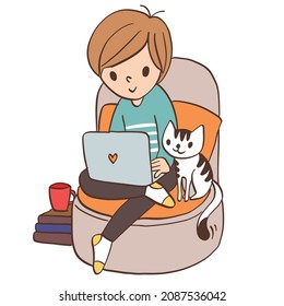 Young man sitting relaxing browsing internet on laptop with pet cat cartoon character cut out vector illustration