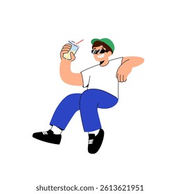Young man sitting  and relaxing drinking cocktail. Summer vacation concept. Outsourcing, freelance.Man enjoying cold sweet drink. 