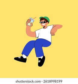 Young man sitting  and relaxing drinking cocktail. Summer vacation concept. Outsourcing, freelance.Man enjoying cold sweet drink. 