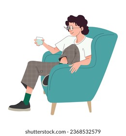Un joven sentado en una tumbona relajante con un vaso de agua. Caricatura masculina en una reunión o un descanso. Ilustración vectorial para afiches, pancartas, sitios web y diseño de medios sociales.