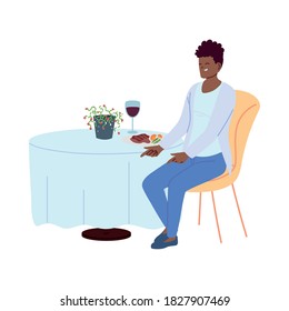joven sentado en un restaurante cenando con una copa de vino sobre fondo blanco diseño de ilustración vectorial