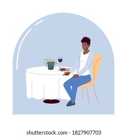 joven sentado en un restaurante cenando con una copa de diseño de ilustración del vector del vino
