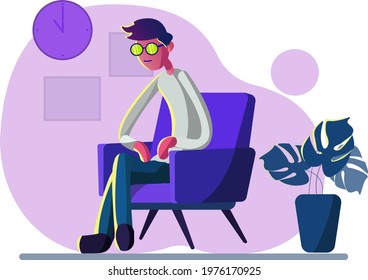 Young man sitting in retro chair