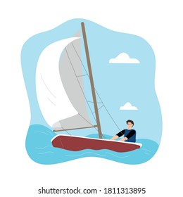 Young man sitting in sailboat and enjoying trip under white sail