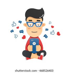 Young man sitting and sending a message via chat to someone using his smartphone. Vector flat illustration of the mobile chat with friends