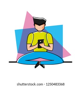 young man sitting with smartphone