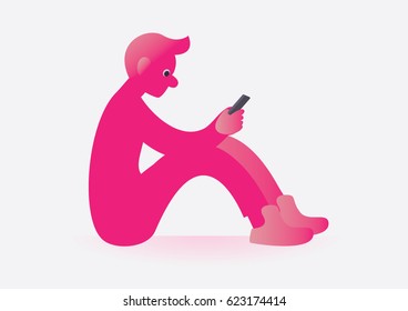 Young man sitting with smartphone. Boy playing video game. Guy holding mobile phone. Receiving notifications, messages and news from his device.