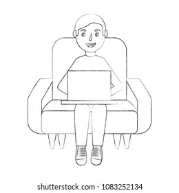 young man sitting in sofa with laptop
