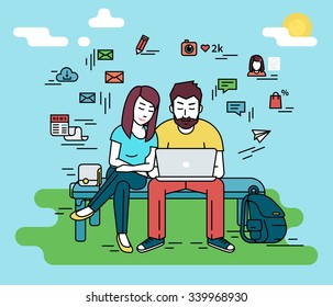 Young man sitting in the street with his girlfriend and holding a smartphone. Flat line contour illustration of social networking, texting to friends, news reading and email sending