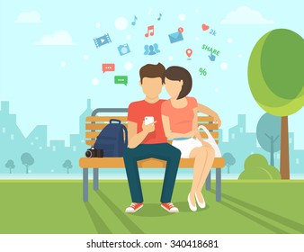 Young man sitting in the street with his girlfriend and holding a smartphone. Flat modern illustration of social networking and texting to friends