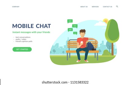 Young man sitting in the street or park and sending message via chat to someone using his smartphone. Flat concept vector website template and landing page design of mobile chat and text conversations