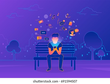 Young man sitting in the street and texting messages using smartphone. Gradient line vector illustration of social networking, reading news, sending email and texting friends. Internet addicted teens