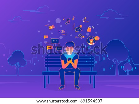 Young man sitting in the street and texting messages using smartphone. Gradient line vector illustration of social networking, reading news, sending email and texting friends. Internet addicted teens
