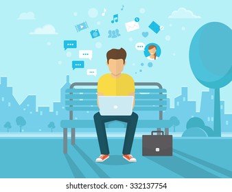 Young man sitting in the street and working with laptop. Flat modern design of social networking and texting to friends. Vector illustration of the man chatting with people using  laptop. 