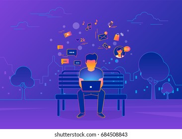 Young man sitting in the street and working with laptop on violet background. Gradient line vector illustration of social networking, searching news, sending email and texting to friends