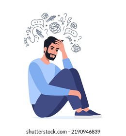 Young man is sitting surrounded by stream of thoughts, chaos in head. Mental disorder, anxiety, depression, stress, headache. Dizziness, sad, anxious thoughts, emotional burnout. Vector illustration