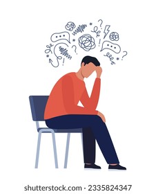 Young man is sitting surrounded by stream of thoughts, chaos in head. Mental disorder, anxiety, depression, stress, headache. Dizziness, sad, anxious thoughts, emotional burnout. Vector illustration