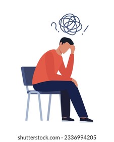 Young man is sitting surrounded by stream of thoughts, chaos in head. Mental disorder, anxiety, depression, stress, headache. Dizziness, sad, anxious thoughts, emotional burnout. Vector illustration