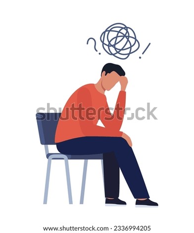 Young man is sitting surrounded by stream of thoughts, chaos in head. Mental disorder, anxiety, depression, stress, headache. Dizziness, sad, anxious thoughts, emotional burnout. Vector illustration