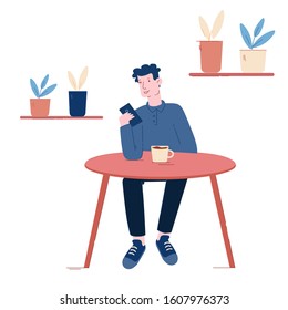 Young Man Sitting At Table In Cafe Chatting In Mobile Phone Using Wifi Internet Drink Coffee. Coffee Break Recreation Male Character Online Messaging In Social Network Cartoon Flat Vector Illustration