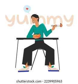 Young man sitting at the table and eating miso soup popular korean food  and holding shrimp in chopsticks. Food concept. Vector stock illustration isolated on white background in flat style