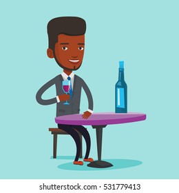 Der junge Mann saß mit Glas und einer Flasche Wein am Tisch. Ein afrikanischer Amerikaner trinkt Wein im Restaurant. Man genießt einen Drink an der Weinbar. Vektorflache Design-Illustration. Quadrat-Layout