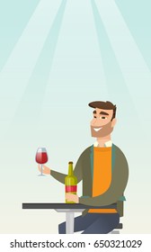 Young man sitting at the table with a glass and a bottle of wine. Caucasian man drinking wine in the restaurant. Man enjoying a drink at the wine bar. Vector flat design illustration. Vertical layout.