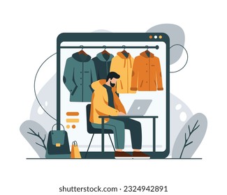 Young man sitting at table with laptop and choosing new clothes online. Big sales and discounts during online shopping. Purchase of goods via Internet. Vector flat illustration in orange colors